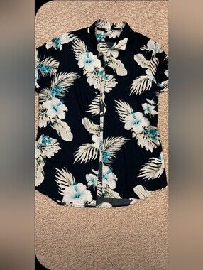 NARACAMICIE Tropical Hawaiian Button Up Shirt XXL Blue Floral 100% Cotton